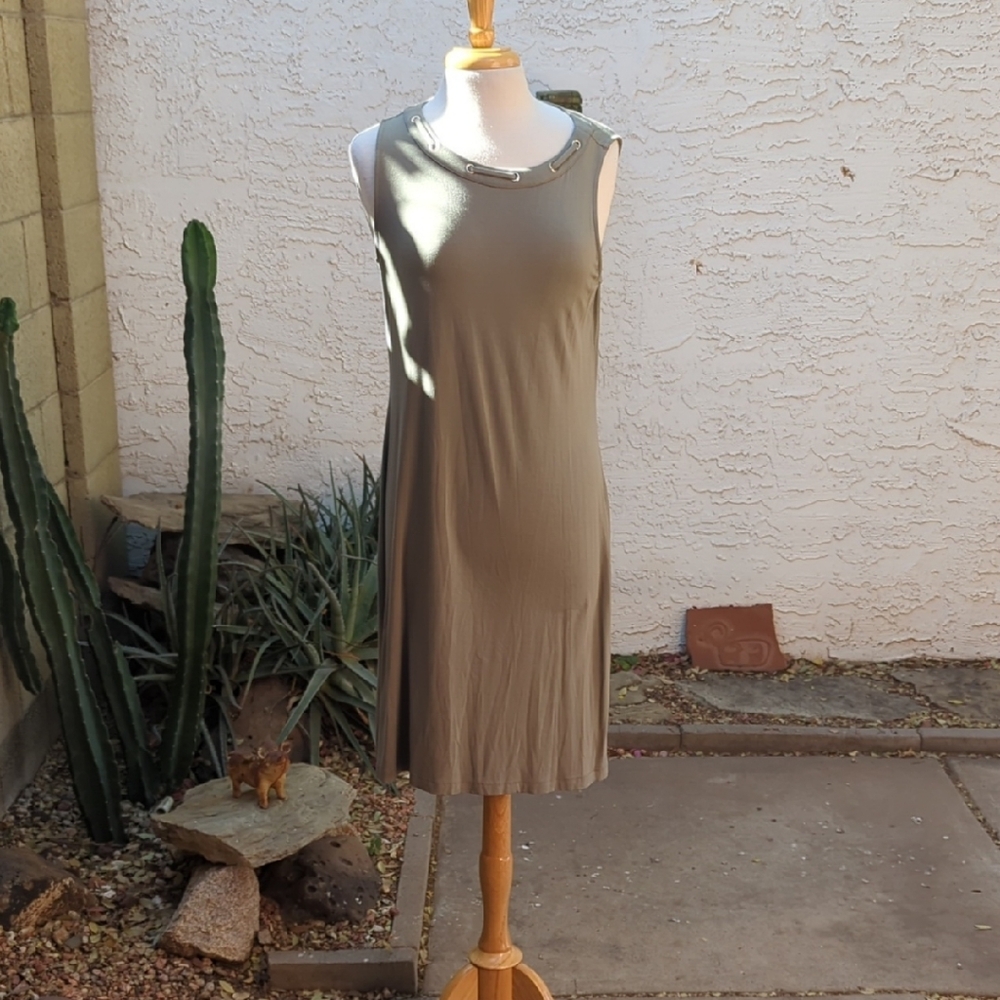 Chico's Light Olive Green Dress With Gold Embellishments At Neck
